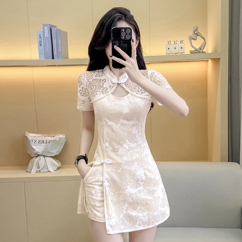 

Elegant Lace Cheongsam Set - Modern Qipao Dress & Shorts 2-Piece Outfit for Women (S-2XL)