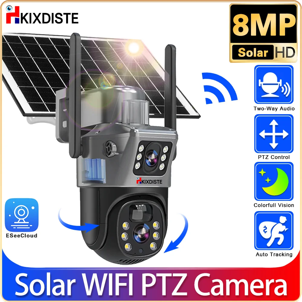 Caméra de surveillance solaire PTZ, Wi-Fi, 4K, 8MP, avec lentille pour touristes, batterie CCTV, détection de mouvement PIR, suivi humain automatique