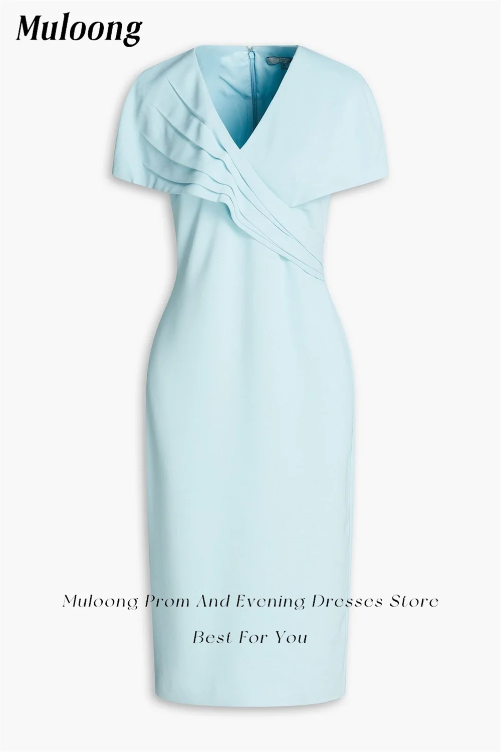 Muloong Sky Blue V Neck Midi Dress Pleated Tea Length Classic Evening Dress 2023 Mermaid Saudi Aribia Party Dress for Women