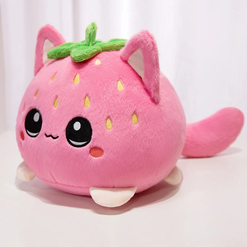Cute Strawberry Cat Plush Toy Stuffed Pink Cat Turn into Strawberry Plushies Cartoon Animal Doll Soft Birthday Gift for Girl