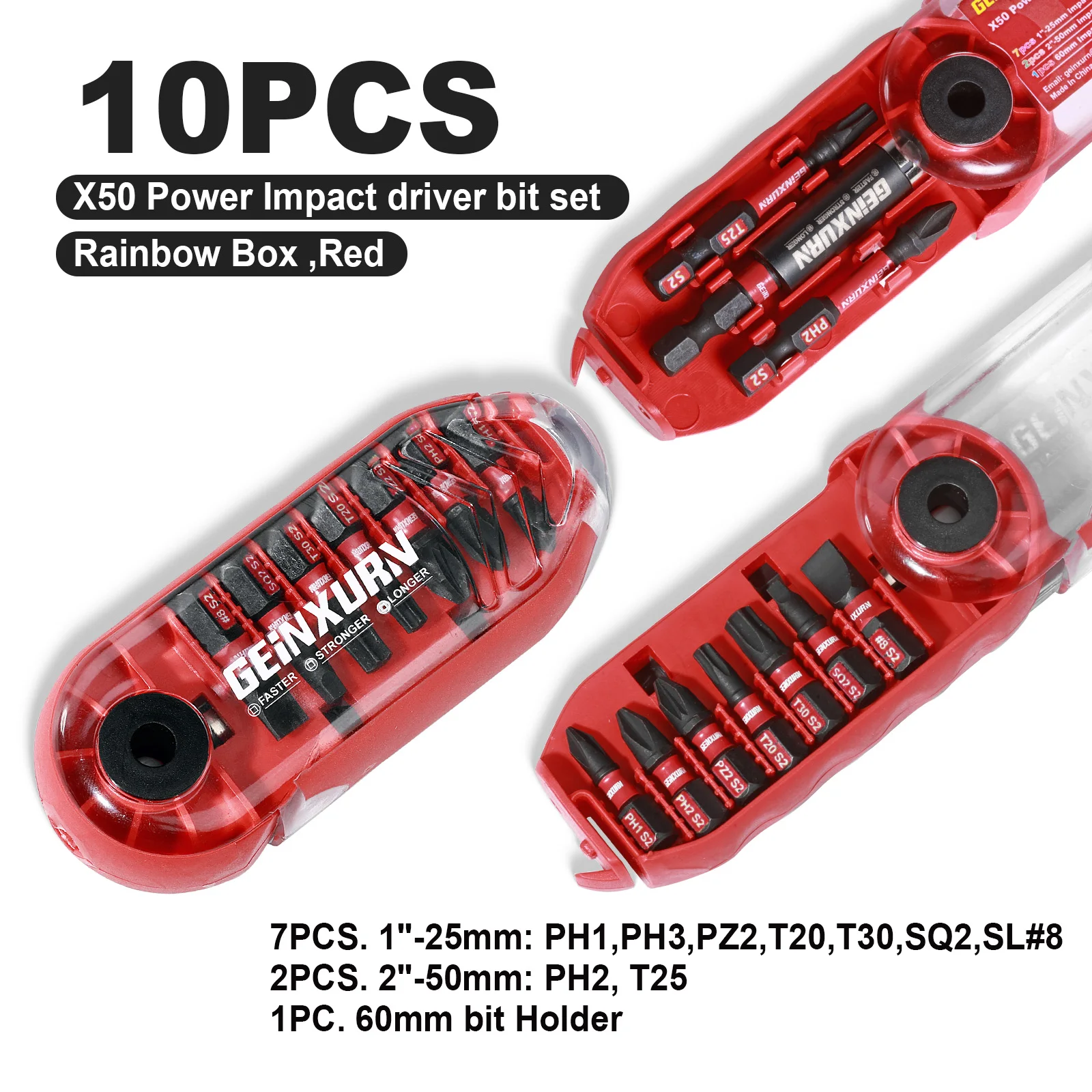 Geinxurn Impact Screwdriver Bits Set,10 Pcs Magnetic S2 Steel Multi Driver Bits with Storage M-Box (Red)