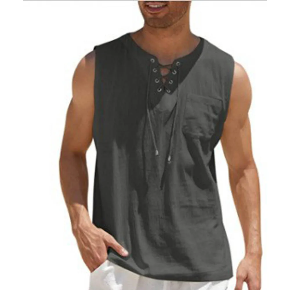 Summer Men Tank Top Cotton Linen Tops Fashion Solid Color Sleeveless Clothes Lace Up Casual Linen Vest