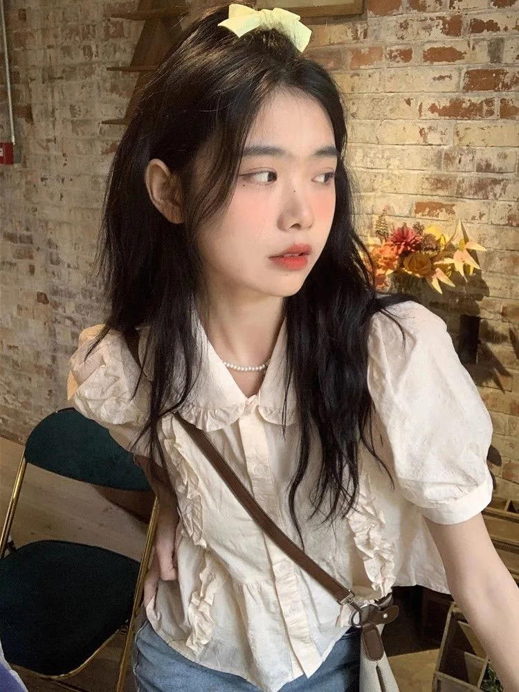 

Japanese Kawaii Sweet Puf Sleeve Short Shirt Women Subcultural Blusas Mujer De Moda 2025 Y2k Fashion All-match Tops Crop Blouse