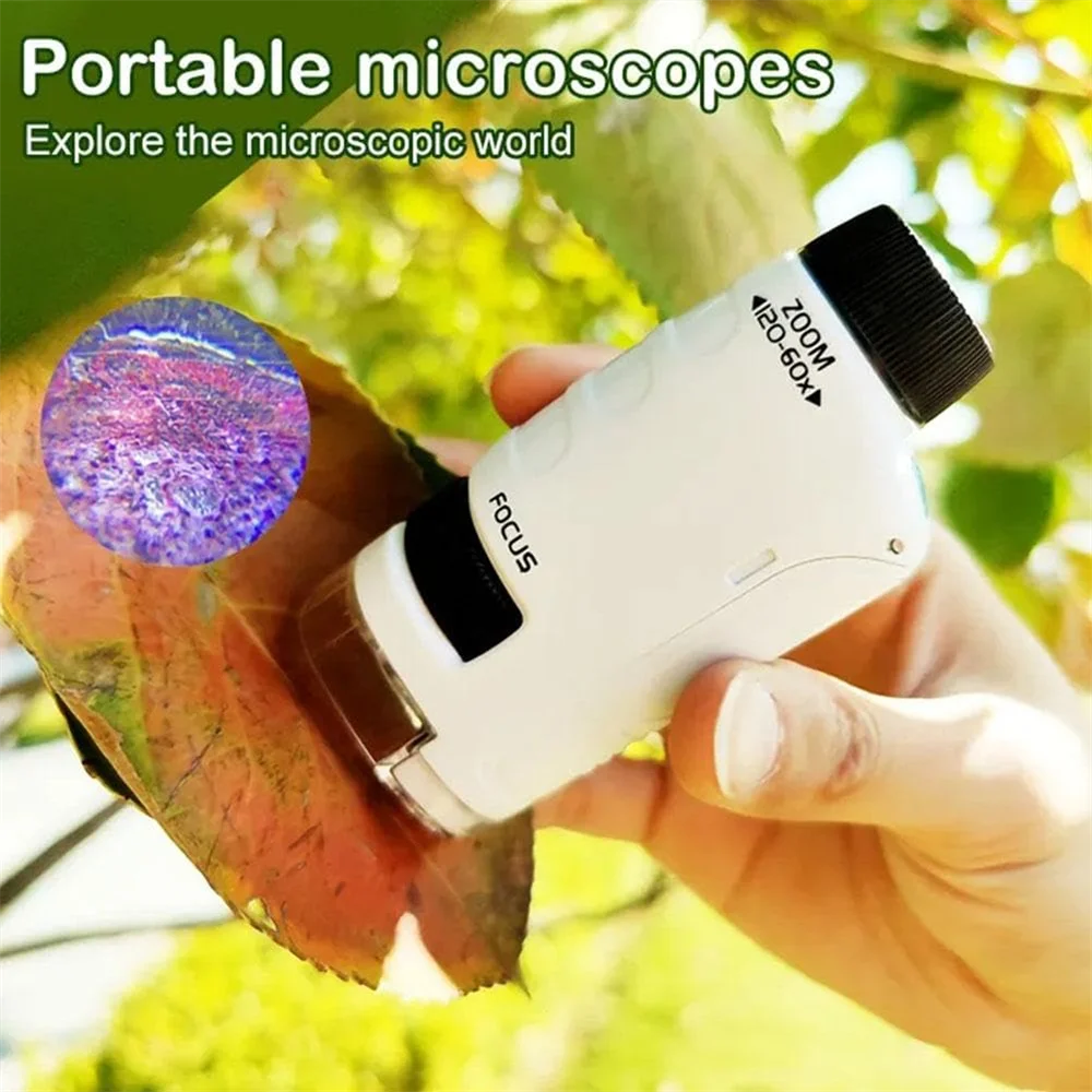 Kids Science Microscope Toy 60-120x With LED Light Outdoor Mini Pocket Handheld Microscope Science Experiment Equipment