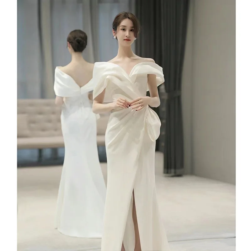 PJN White Wedding Dress Bride Satin Off Shoulder Mermaid Snapshot Dresses Women Formal Graduation Gown Long Evening Party Dress
