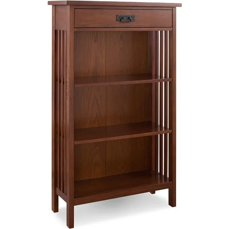 home.Leick Home 82262 Mission Mantel Height Bookcase with Slatted Sides and Top Drawer, Made with Solid Wood, Bookcases