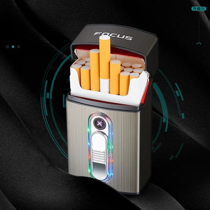 Upgraded LED Flash Cigarette Case with Double Arc Cigarette Lighter, 20 Cigarettes Integrated Lighter Men's Cigarette Case