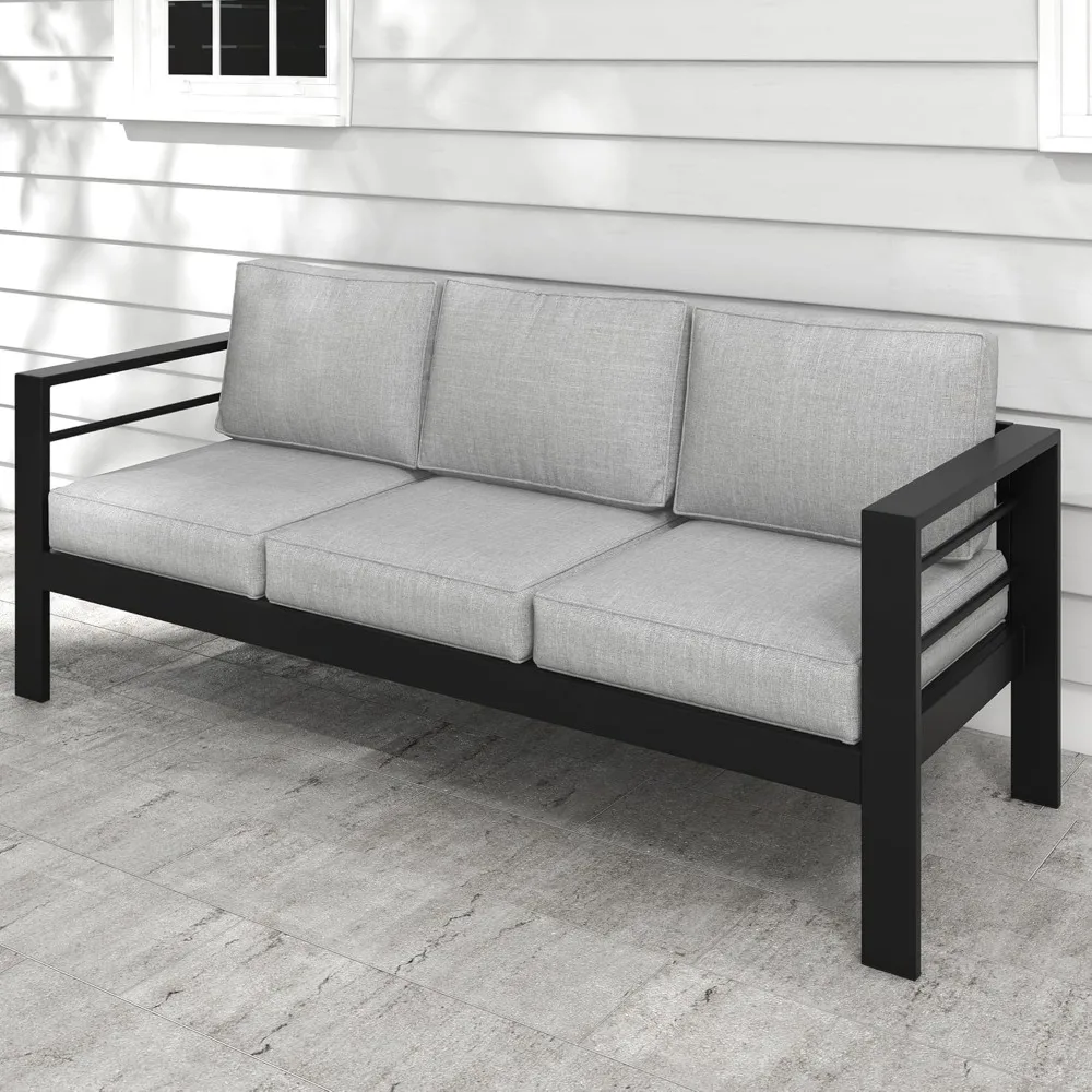 

Outdoor Couch Aluminum Patio Furniture Sofa, 3 Seat All-Weather Metal Patio Couch with 5" Thick and Soft Cushion and Wide Arm