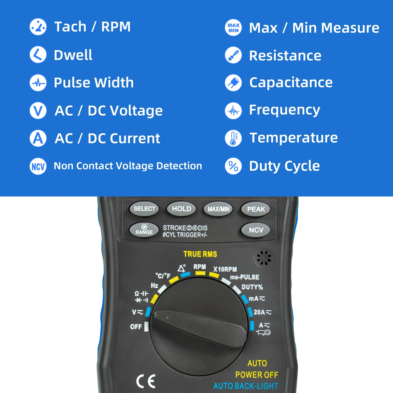 مقياس متعدد رقمي للسيارات، جهاز قياس الجهد والتيار المتردد/تيار مستمر RMS الحقيقي، 6000 عدد تتراوح تلقائية مع RPM، زاوية Dwell