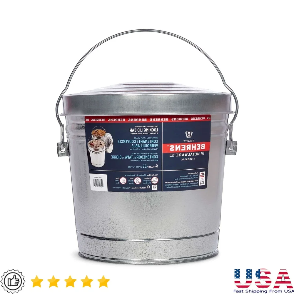 

Galvanized Steel Locking Lid Storage Can 6-Gallon Heavy Duty Metal Container Pet Food Livestock Bird Seed Charcoal Garden Use