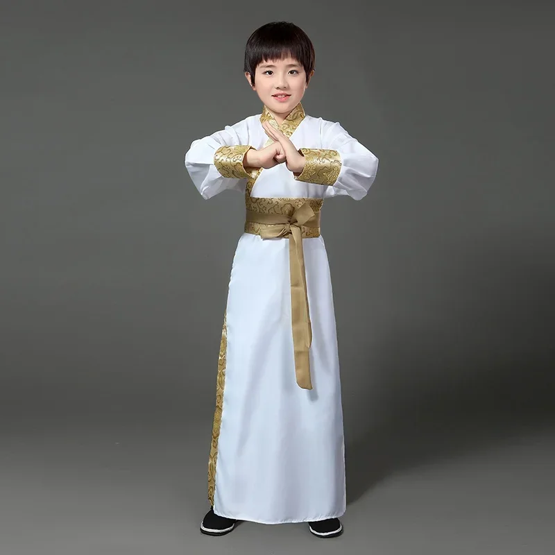 Traje chinês antigo para crianças, traje infantil de performance de palco para a dinastia, traje hanfu, robe cetim, vestido tradicional para menino