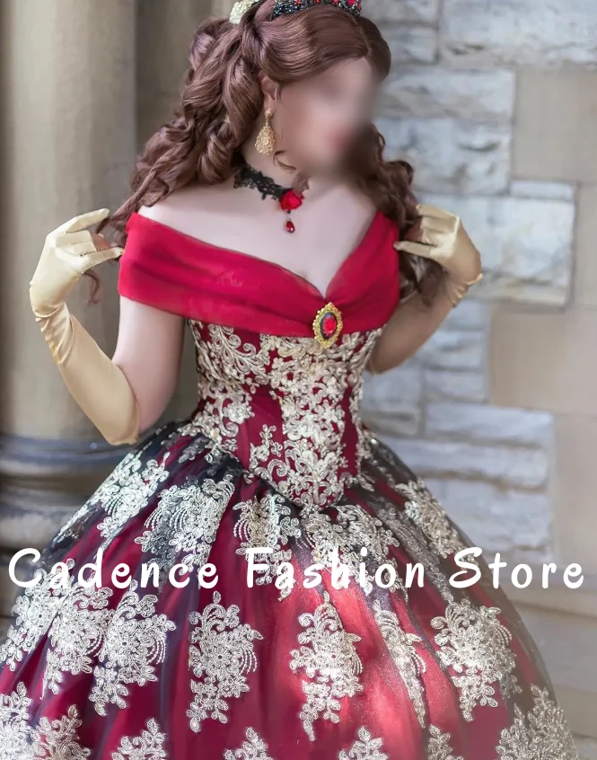 Red Snap Shoulder Victorian Evening Gown Gorgeous Gold Lace Trimmed A-line Pleated Floor Length Ball Gown Customized