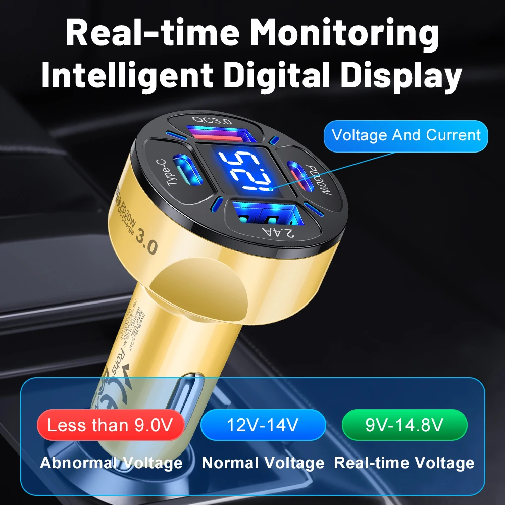 Cargador de coche USB de 120W tipo C 4 en 1 adaptador de carga súper rápida PD dual con pantalla de voltaje para iPhone Samsung Huawei OPPO