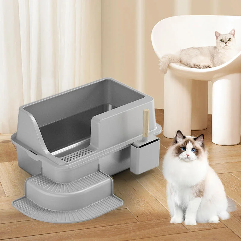 STLF Large 60cm Anti-Takeout Stainless Steel Cat LitterS Box Non-Stick Bottom Extra High 10kg Sand Plastic Material LitterS Acce