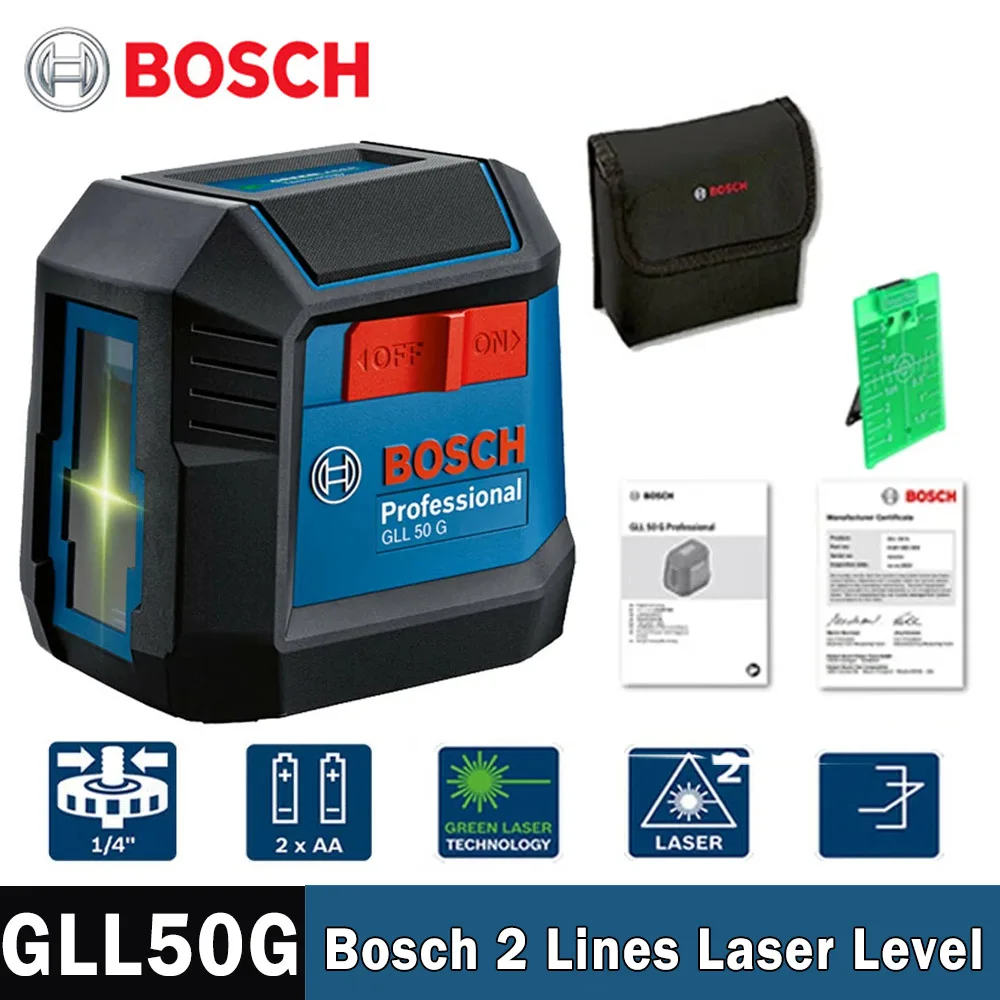 Bosch GLL50G Laser Level 2-Line Professional Grade Green Light Self-Adjusting Level and Vertical Measurement Tool for Decoration