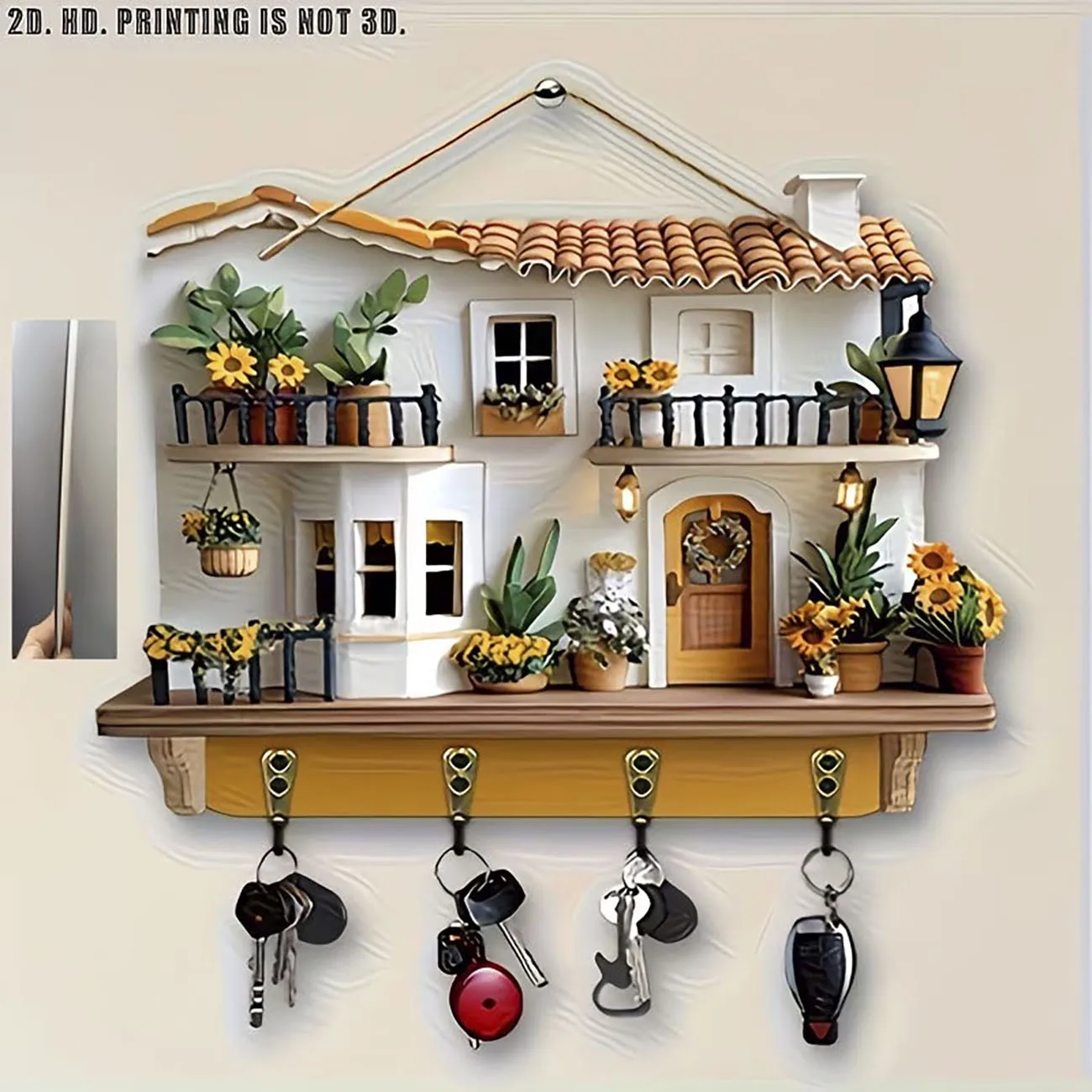 Cozy Cottage Key Hanger, 2D Flat Print Sunflower Balcony Design, Wall Mounted Key Holder