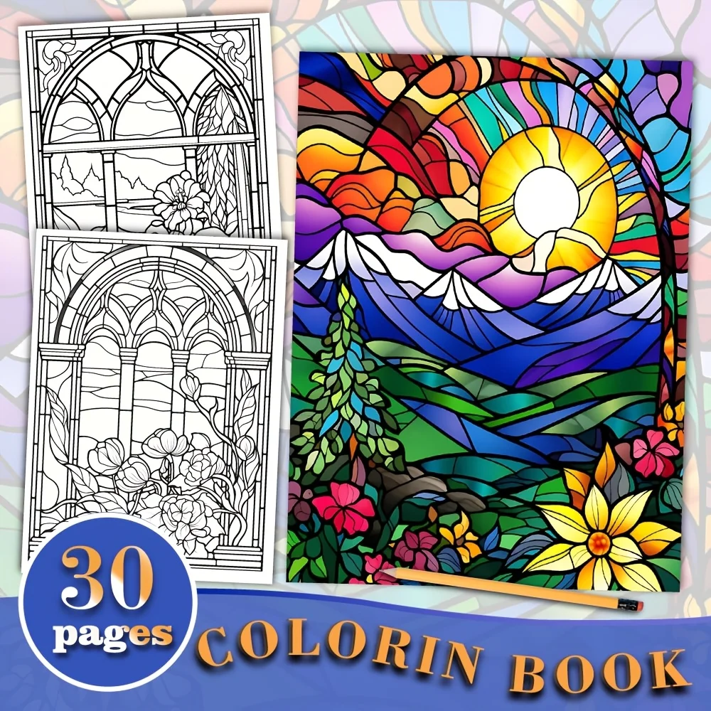 Libro para colorear para adultos de 30 páginas, especialmente diseñado para adultos, 8. 3X 11. 7 pulgadas, adecuado para adultos, es un excelente regalo para quienes tienen sabor, adecuado para cumpleaños, fiestas, Halloween, Acción de Gracias, Navidad, Día de la madre, San Valentín - Efecto vidrieras