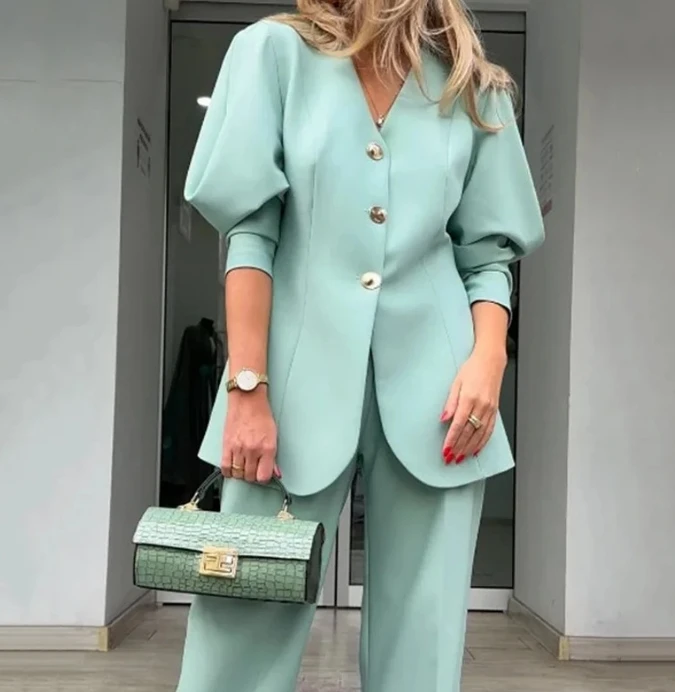 Women\'s Fashion Lantern Sleeves Loose Suit Coat & Pants Set Temperament Commuting 2024 Spring New Women Elegant Blazer Sets