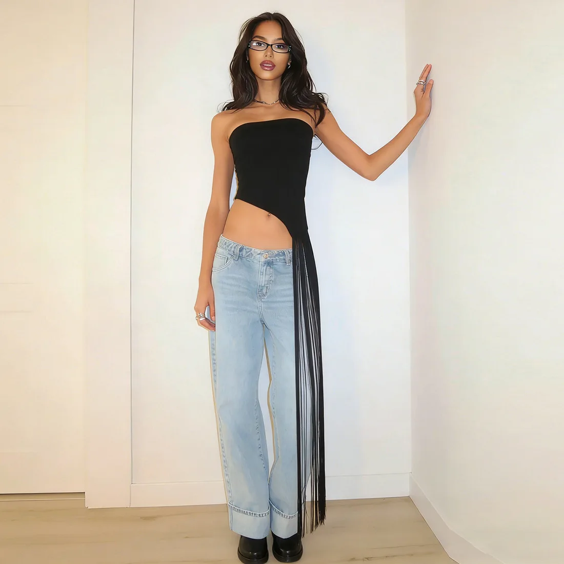 

BKLD 2026 Spring New Women's Fashion Tassel Sexy Off The Shoulder Strapless Crop Tops Solid Color Streetwear Y2k Tops Black