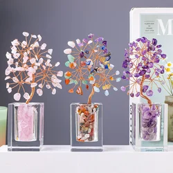 Raw Mineral Chips Stone Lucky Tree Ornament Aesthetic Room Decor Reiki Natural Amethyst Rose Quartz Fluorite Life Tree Fengshui