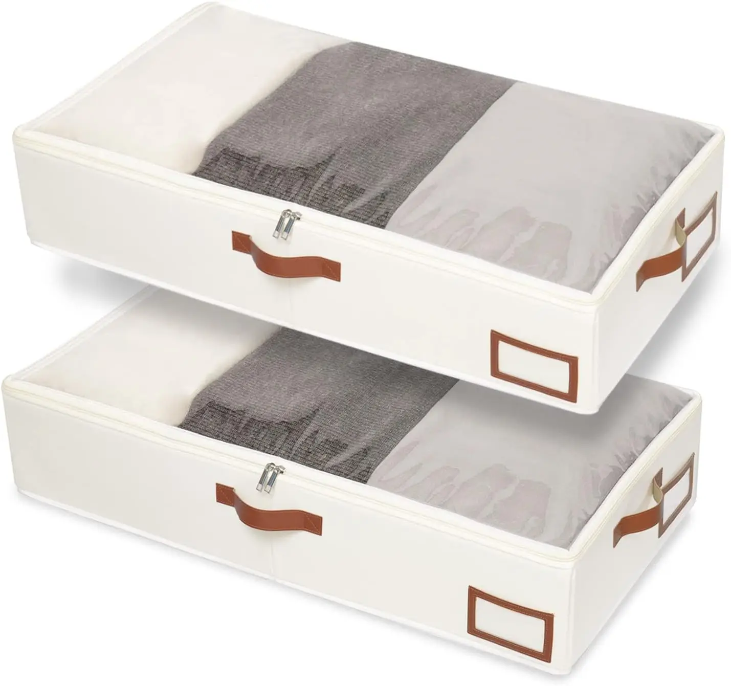 Under Bed Storage, 2 Pack Closet Organizers, Collapsible Container Bags, with Sorting Card Slot and 4 Leather Handles