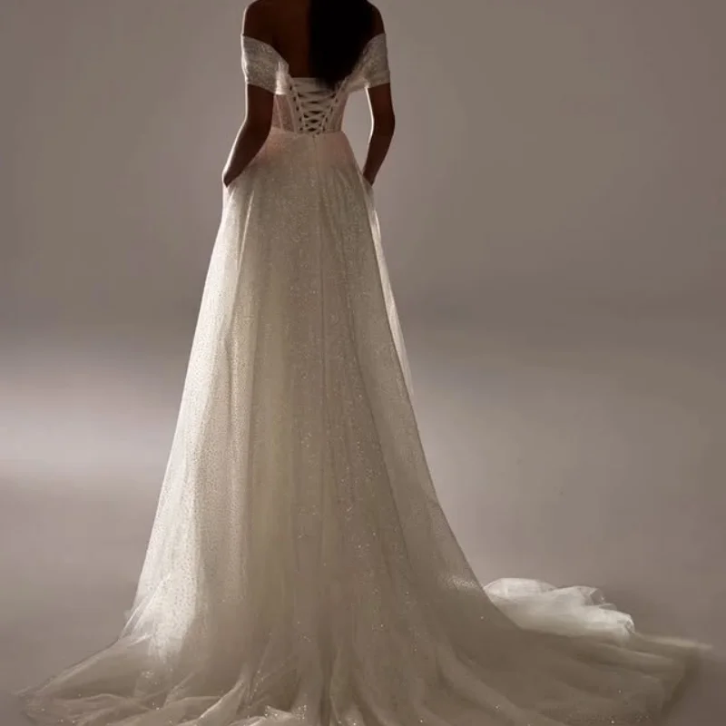Shiny White Wedding Dresses off-shoulder A skirt   decal Long tail Bridal Gowns Made Customized