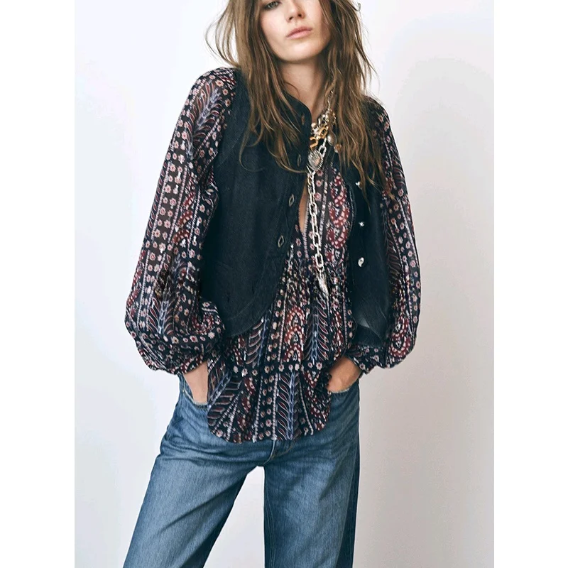 

Spring New Women's Long Sve V-ne Bead Decoration Printed Top Metal Color Tead Loose Fit Commute Sle Polyester Fiber