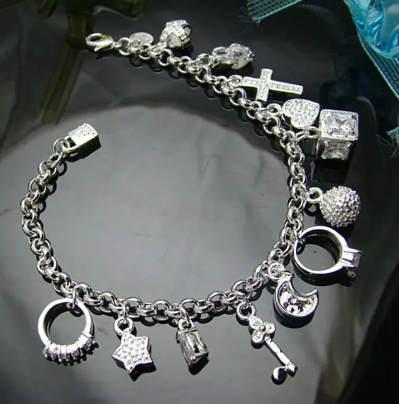 SAIYE Fashion Trendy Jewelry Chic Silver Color Plated Bracelet Moon Heart Lock Cross Charm Bracelet 13 Pendants Bracelet