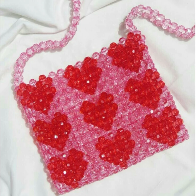 Fashion Bead Bag 2024 Hot Selling Handmade Pink Heart Design Ins Crossbody Women's Shoulder Bags Valentine's Day Customization