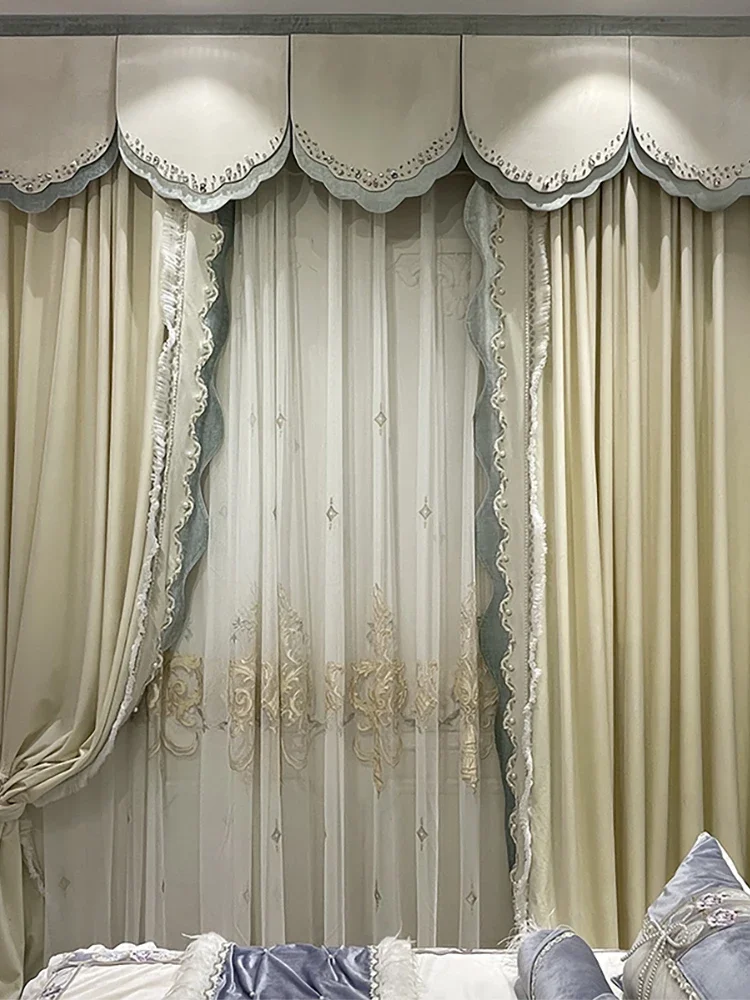 French Milk Tea Color Lace Splicing Velvet Curtains for Living Room Bedroom French Window Customized Finished Product Valance