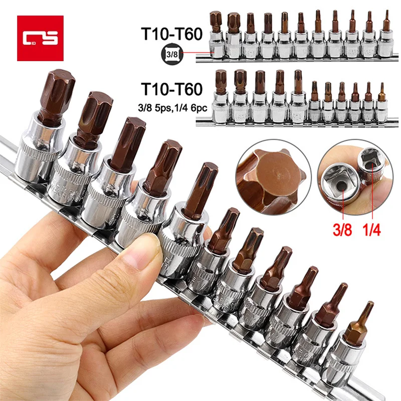 

11PCS Torx Screwdriver Bit Bits 3/8 1/4inch Drive Socket Chrome Vanadium Steel Ratchet Socket Wrench Adapter Press-fit Sleeve