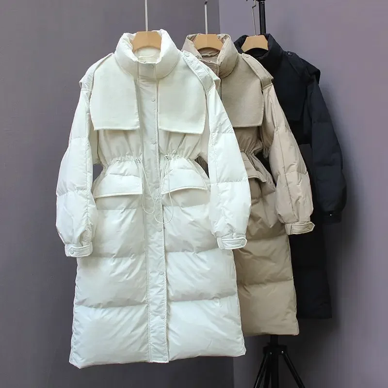 

2023 Winter New Down Coat Women Spliced Mid Length Windproof Standing Collar Lace Up Single Breasted White Duck Down Coat