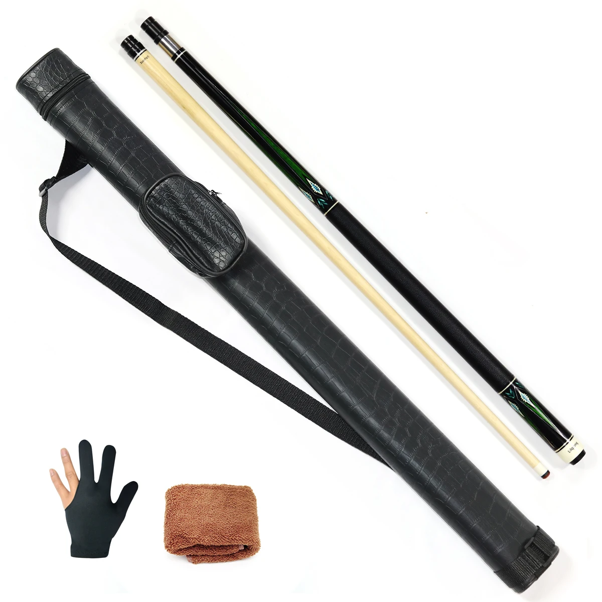 Economical 1/2 Billiard Pool Cue Set 58'' Canadian Maple Wood Stick with 12.5mm tip,Leather Cue Case,Random Colors Glove,Towel