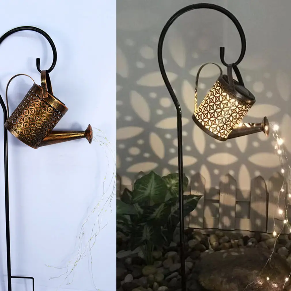 Lanterne solari annaffiatoio Retro metallo 36LED bollitore String Light Design scavato impermeabile Solar Firefly Outdoor Solar LED