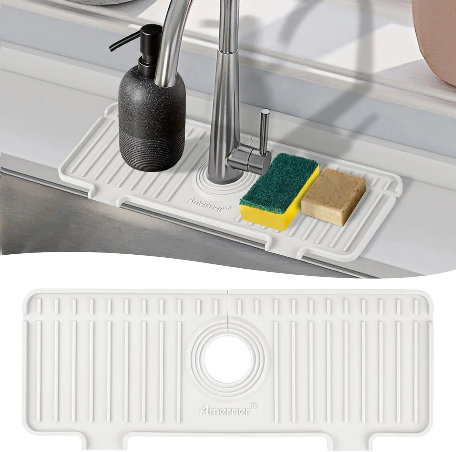 

Kitchen Sink Splash Guard, Silicone Faucet Mat & Drip Catcher, 14.2" x 5.1", White