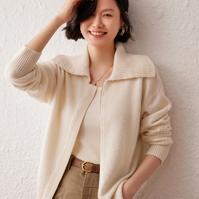 เสื้อคาร์ดิแกนแคชเมียร์แท้ 100% พร้อมปกพับสำหรับผู้หญิง เสื้อคาร์ดิแกนแบบมีซิป เสื้อโค้ททรงหลวม กระชับสัดส่วน หนา อุ่น