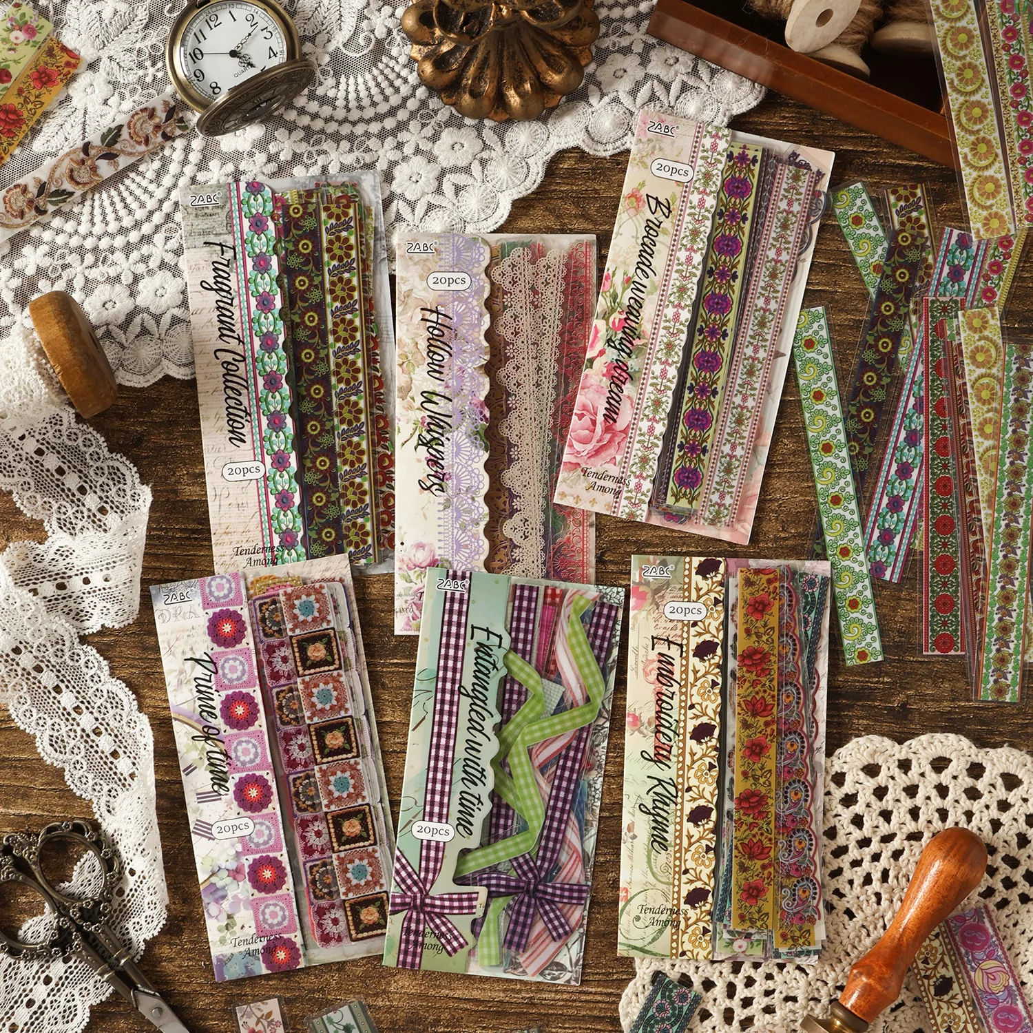 

Mr.Paper 6Packs Floral Whisper Series Waterproof PET Sticker Pack Vintage Lace & Ribbon Decor for Journal Scrapbook DIY