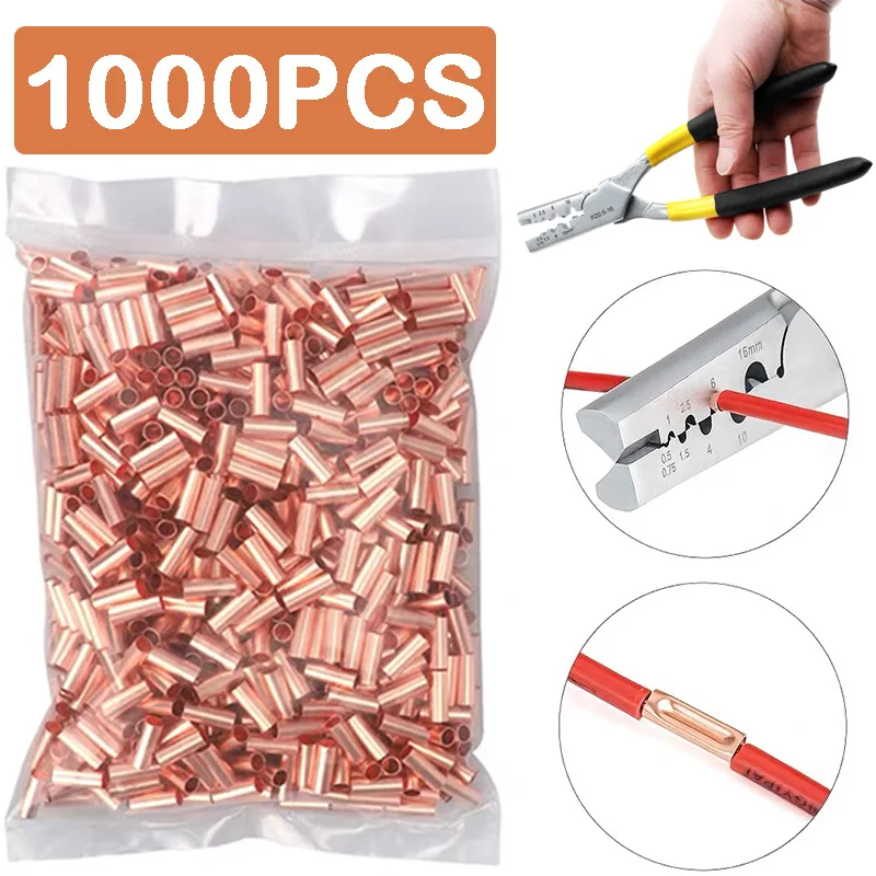 

1000Pcs Copper Wire Connector Electrical Crimping Tool Connecting Pliers Pipe Wire Joint Small Copper Tube Terminal Cable Lug