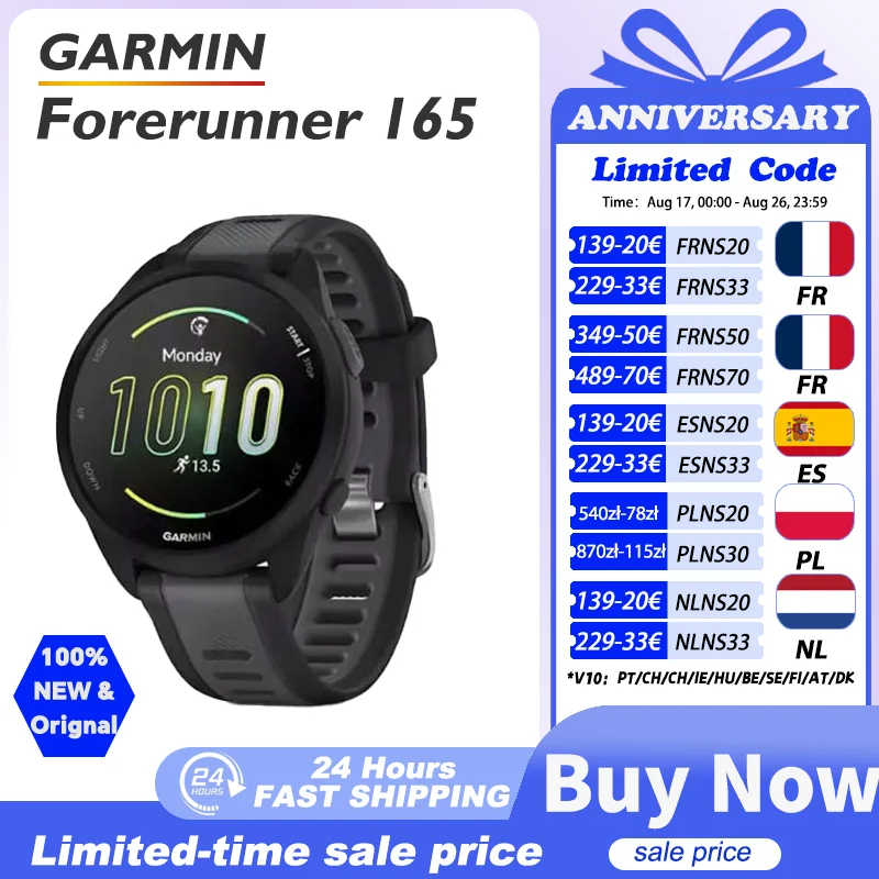GARMIN Forerunner 165 Garmin-Uhr mit Pulsox-Sensor, Stress-Tracking, handgelenkgestützter Laufdynamik, handgelenkgestützter Herzfrequenzmessung, Cross-Training