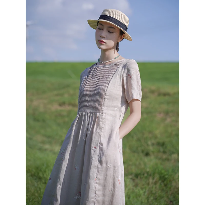 Vestido de Lino Bordado Ele, de una Pieza 5350, de Dos Piezas 4280, Estilo Artístico, Hermosa Falda Larga, Manga Corta, Cuello Redondo