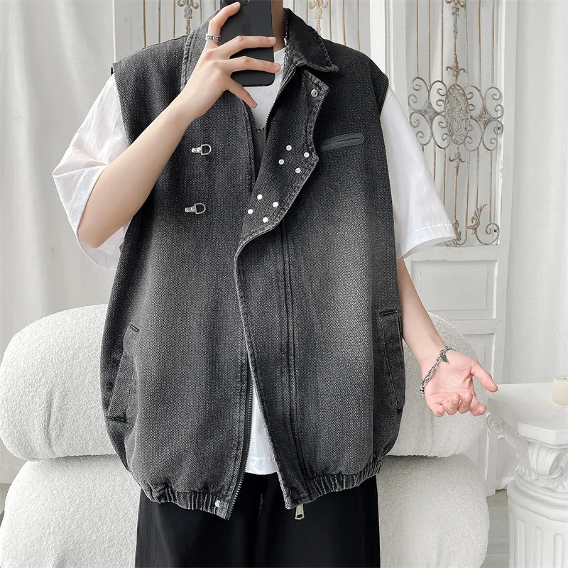 Fashion Denim Vest Men's Cargo Waistcoat Summer Thin Loose Tooling Vests Sleeveless Locomotive Tops Coats Outerwear