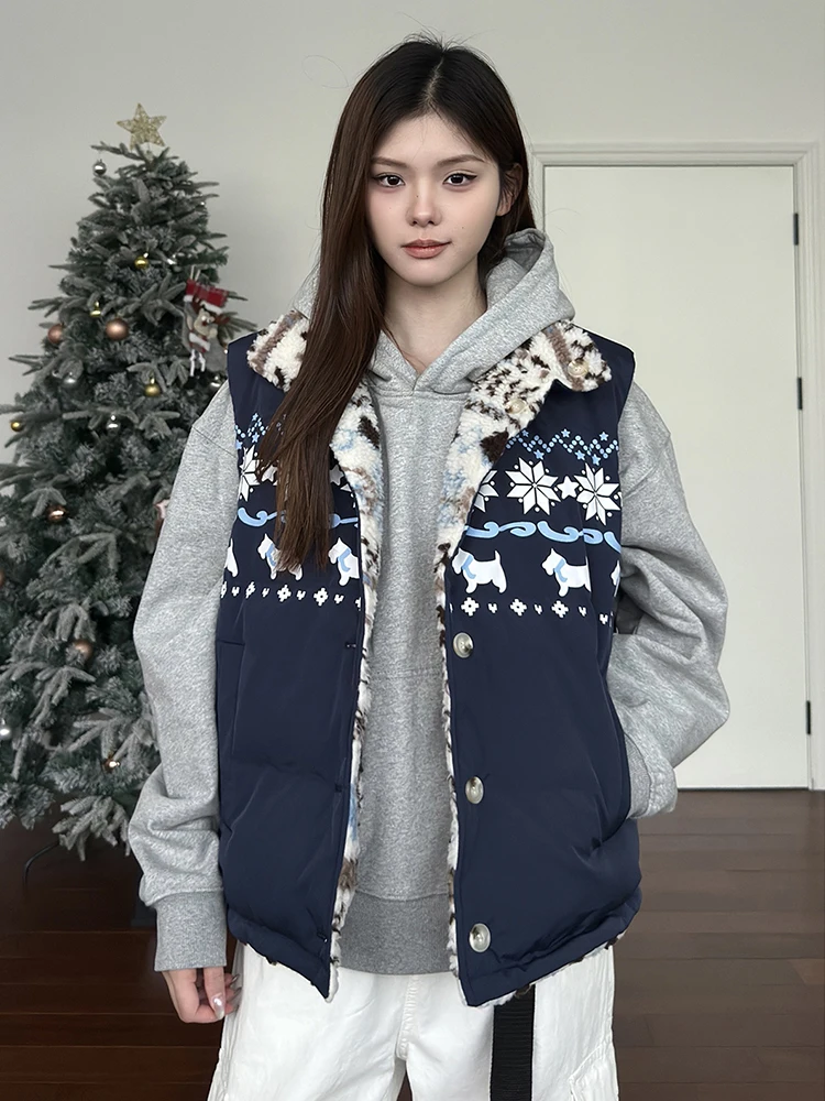 

Double-Sided Wear Cotton Vest Men's Autumn Winter Warm Fce Jaet American Sle Couple's oulder Vest Loose Fit Youth Fa...