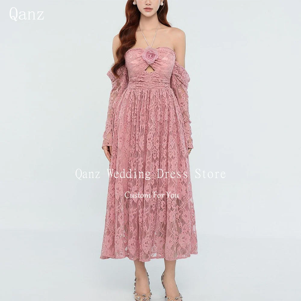 

Qanz Dirty Pink Lace Appliques Prom Dresses Halter Neck A Line Tea Length Vestidos De Fiesta Elegantes Party Gowns Customized