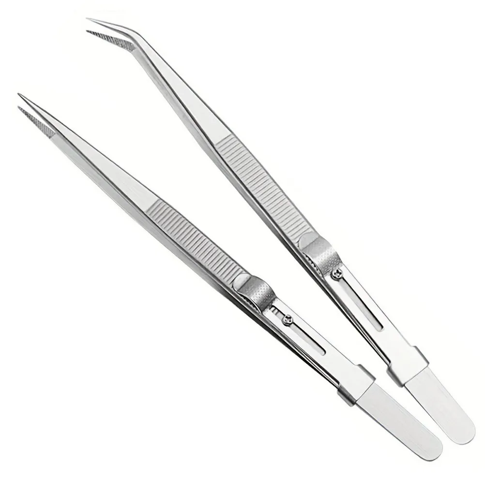 

Набор из 2 пинцетов из нержавеющей стали с фиксатором, прямые и изогнутые кончики, для точных работ: нейл-арта, ювелирных изделий, страз, рукоделия, электроники
