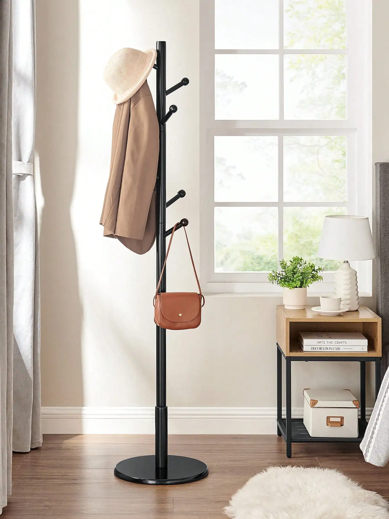 VASAGLE Wooden Tree Coat Rack: Free Standing with 7 Round Hooks. Ideal for Clothes, Hats, Bags. Hallway, Bedroom. Black.