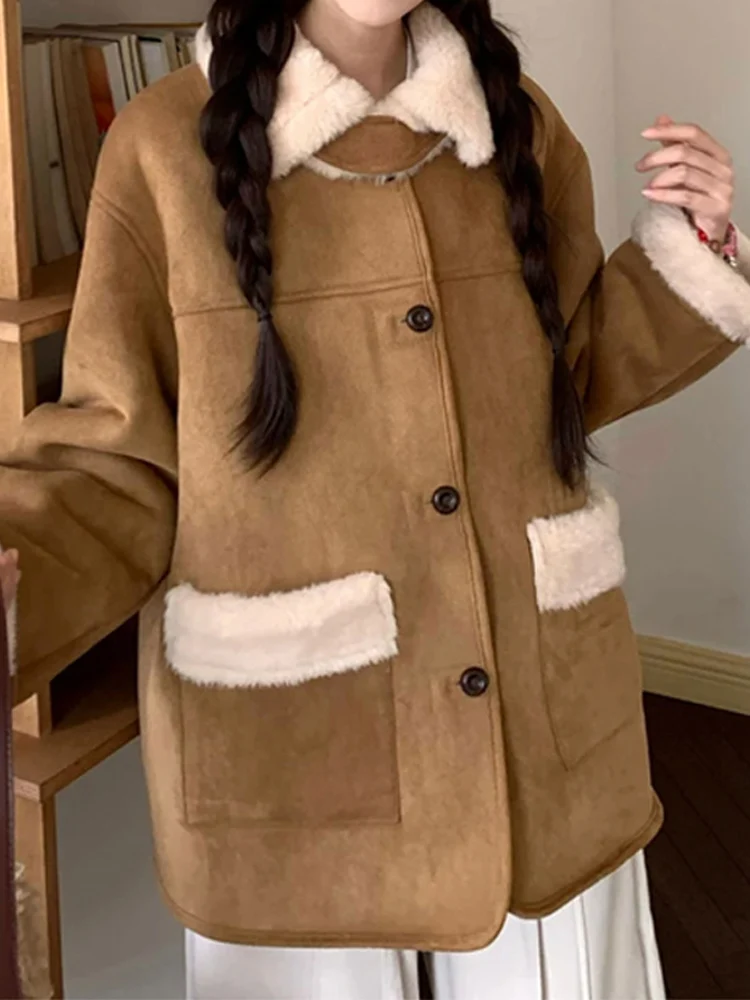 

Двусторонняя женская зимняя куртка из овечьей шерсти, новая свободная утепленная хлопковая куртка в корейском стиле, однотонная, для повседневной носки