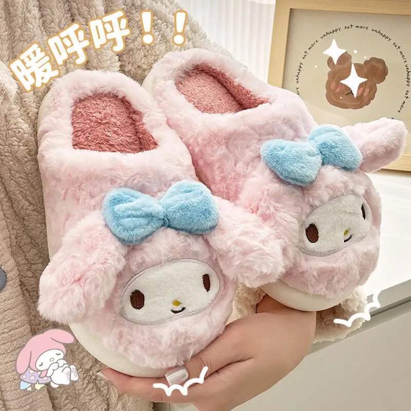 

Sanrio Girl My Melody Kawaii Fashion Fleece-Lined House Shoes Student Winter Cartoon Child Keep Warm Cotton Slippers New Style
