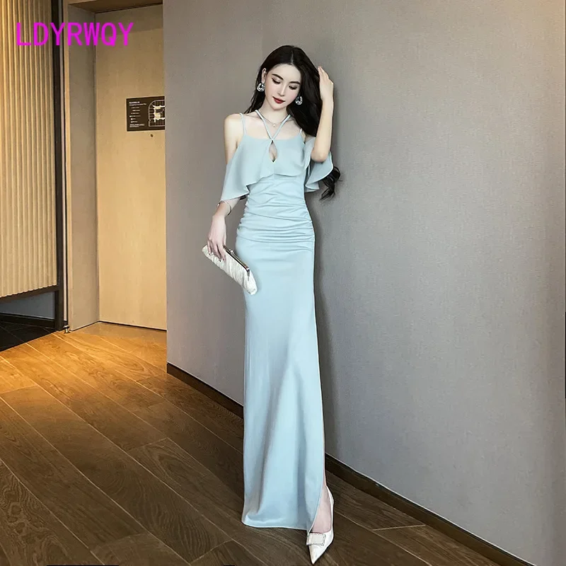 Nighttime low cut camisole floor length women's long dress temperament backless formal dress sexy slit