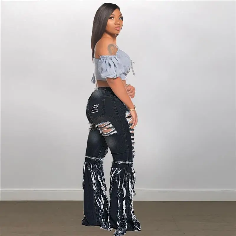 Celana Jeans Wanita PT7063 Model Bell Bot Pinggang Tinggi dengan Lubang dan Rumbai, Gaya Fashion Cross-Border, Pakaian Wanita