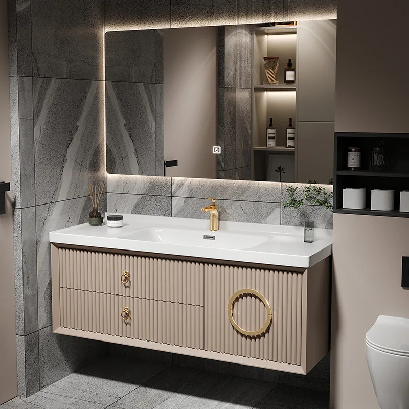 Ceramic Integrated Basin, Bathroom Cabinet, Combined Oak, Bathroom Smart Washbasin